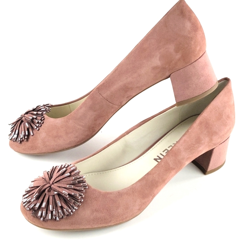 NEW Anne Klein Happy Suede Leather Block Heel Pump Fringe Pom Detail Mauve